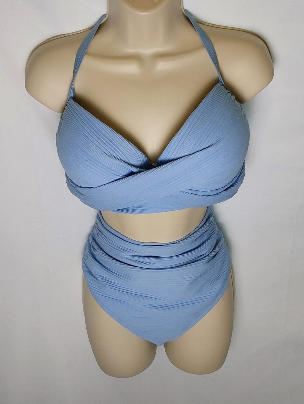High-Waist Light Blue Wrap Bikini Set - Women Swim